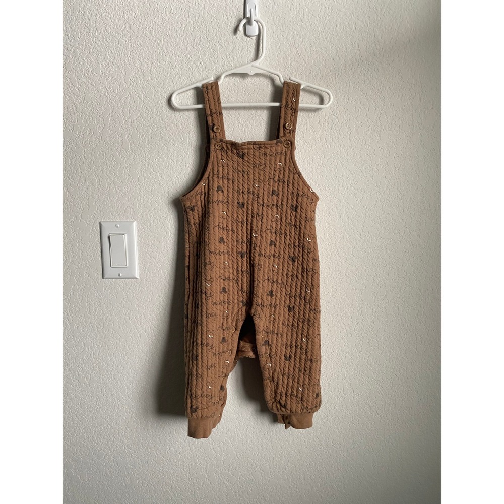 Disney Baby Unisex Quilted Mickey Minnie Script Overalls Size 18M Brown Neutral